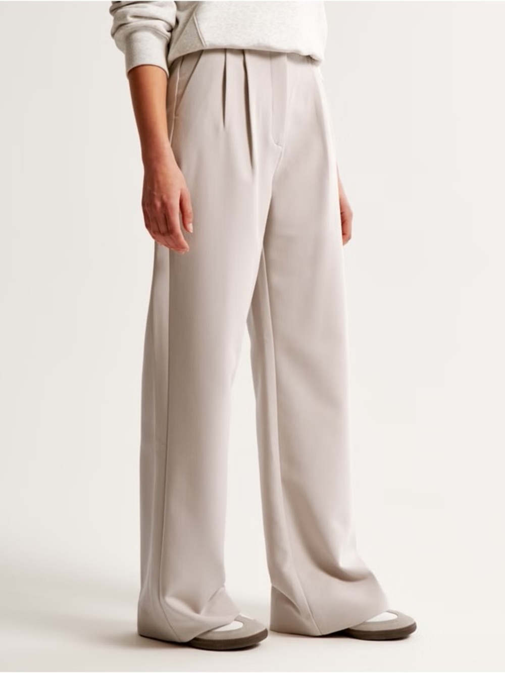 Abercrombie & Fitch Sloane Light Oatmeal Wide-Leg Pleated Trousers Large Long